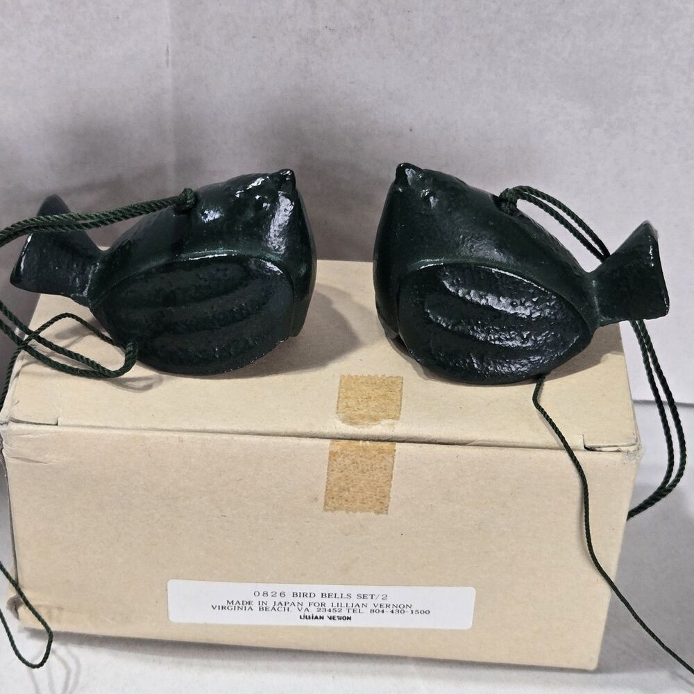 Vintage Lillian Vernon Cast Iron Bird Bells Set of 2 Made in Japan Original Box